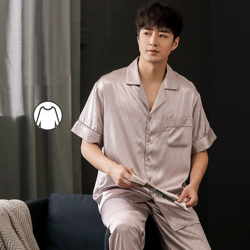 Silk Pajamas for Spring and Summer Autumn Satin Men's Pajamas Home Clothes Short Sleeve Long Pants Large Size Suit for Home Men