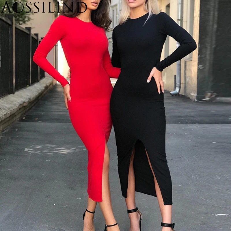 

AOSSILIND Sexy hollow out long sleeve party midi dress Women o neck bodycon split dress Elegant backless dresses
