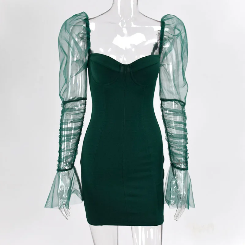 Женское Сетчатое платье с открытыми плечами длинным рукавом фонариком|Женские