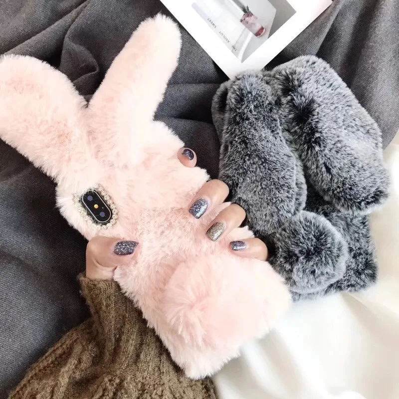 Rabbit Warm fur hair Phone Case for iPhone 11 Pro Max 6 6s 7 8 Plus X 4 4S 5 5S SE Xr Xs Diamond Plush Soft TPU Back Cover |