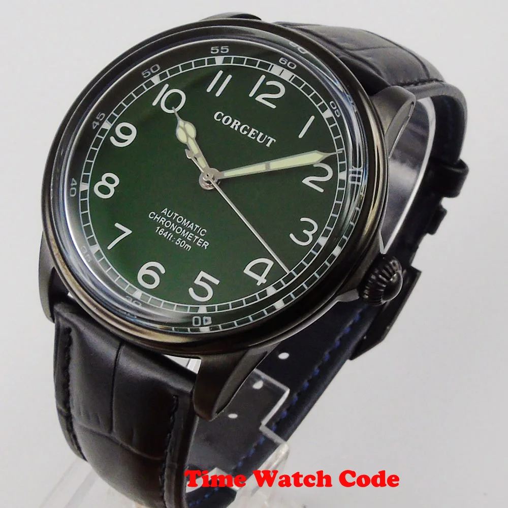 

Black CORGEUT 41mm Automatic Men's Wristwatch Miyota 8215 green dial PVD coated leather strap polished bezel luminous hands