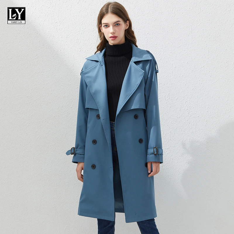 

LY VAREY LIN 2022 Spring Autumn Women Double Breasted Long Trench Lapel Jacket with Belt Coat Cloak Windbreaker Outwear