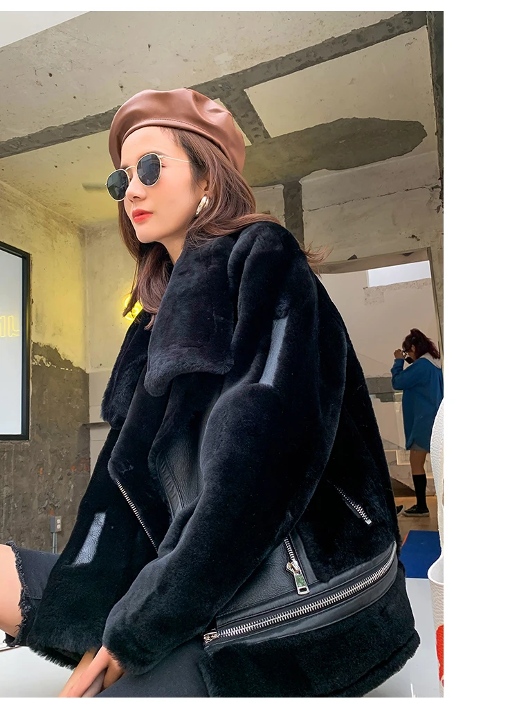 Women 2022 New Fashion Winter Coat Genuine Shearing Sheepskin Leather Jacket for Female Patchwork Wool Liner Clothing Black