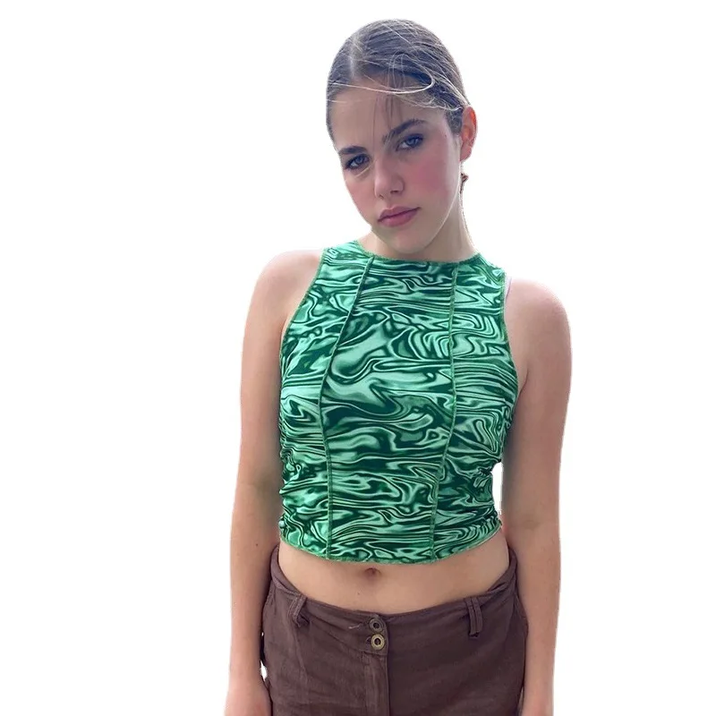 

Fashion Abstract Printing Contrast Color Slim Personality Anti-car Line Navel Short Vest Women