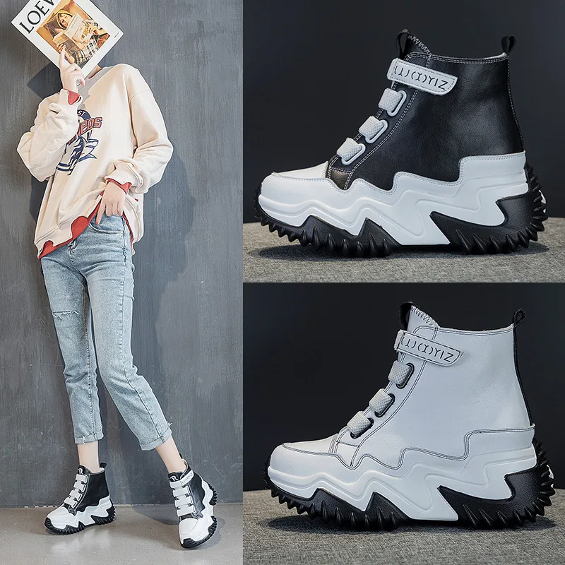 

Женские кожаные туфли на толстой подошве, Белые Повседневные универсальные туфли, увеличивающие рост, в Корейском стиле, для осени, 2022