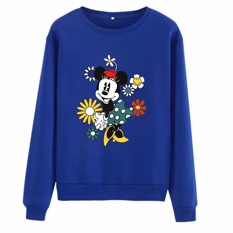 Disney Plus 1 Year Anime Minnie Mouse Floral Cute Kawaii Women Sweetshirts Long Sleeve Fleece Thick Autumn Winter Sweatshirt Y2K
