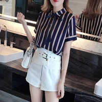 elegant fashion striped navy women blouse shirt casual bow knot collar holiday blouse top office lady button summer blouse 2021