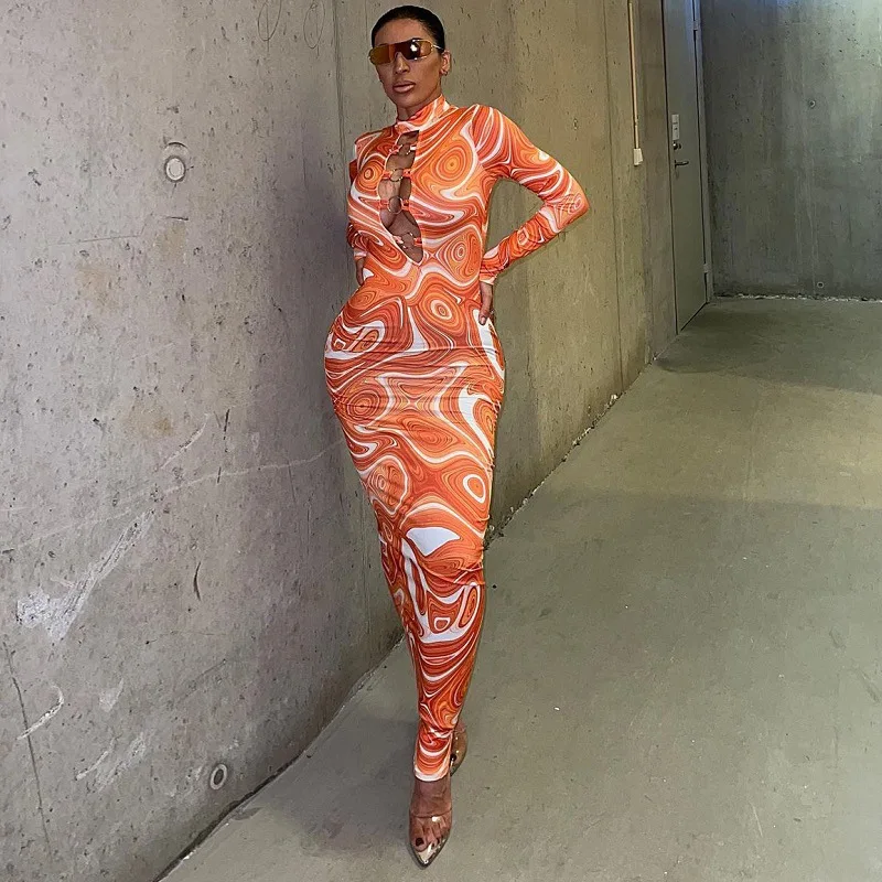 

Autumn Women’s Casual Long Sleeve Skinny Midi Dresses Ladies Female Sexy Swirl Printed O-Neck Hollow Out Long Dress Vestidos