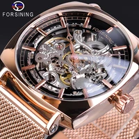 forsining rose golden square mens mechanical watch transparent skeleton steel mesh band unisex dress automatic clock wristwatch