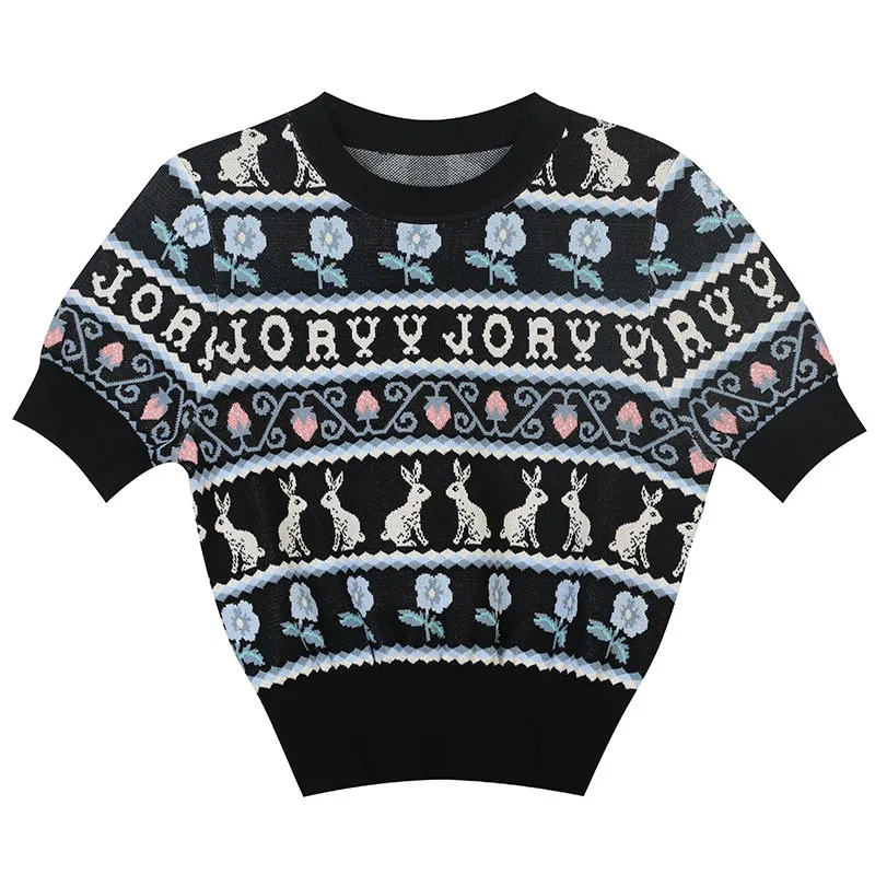 

Knitted Pullvoers Women O-Neck Short Sleeve Vintage Rabbit Letters Casual Striped Sweater Tops Za Clothes Korean Fashion kawaii