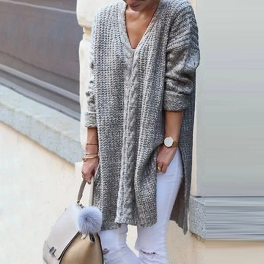 

Женский вязаный свитер средней длины, свободный Однотонный свитер с глубоким V-образным вырезом, Осень-зима