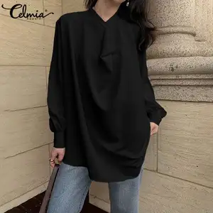 5XL Celmia корейские шифоновые рубашки женские осенние Однотонные блузки с длинным рукавом Повседневные плиссированные асимметричные топы Туника офисные Блузы 7