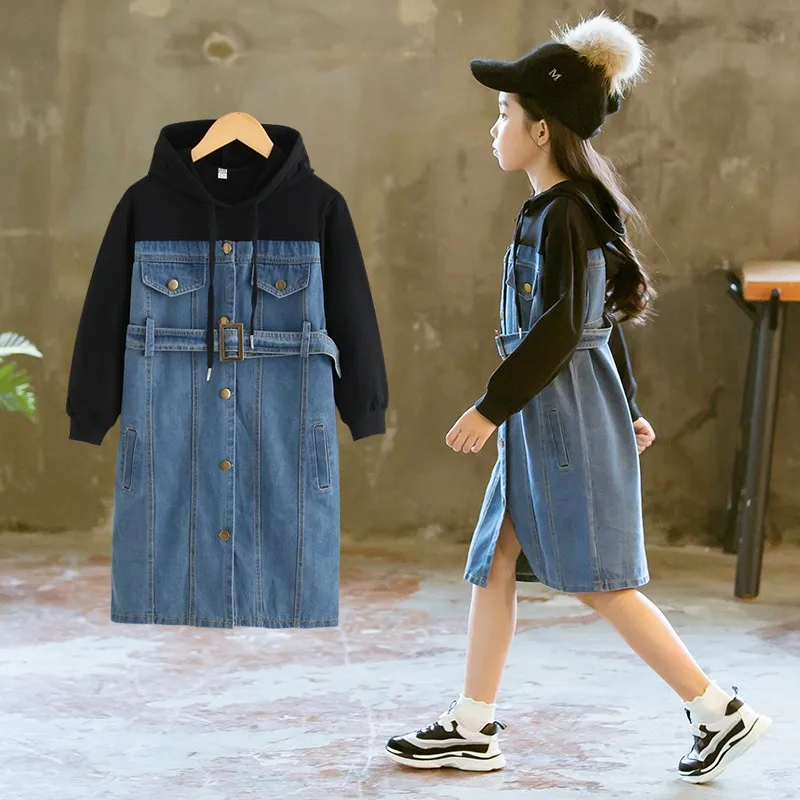 

Girls denim dress with hoodies 3 to 13 years autumn fashion female children dresses faux two pcs girls dresses Vestido