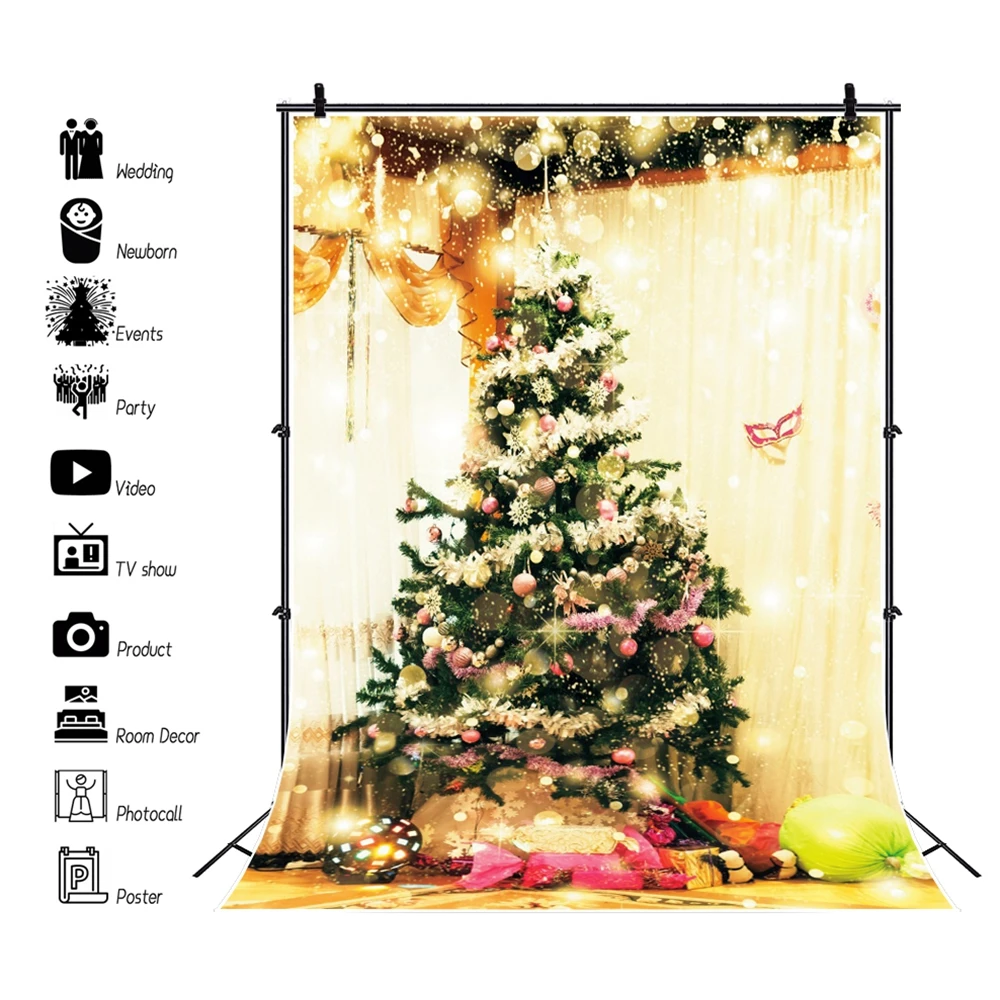 

Yeele Winte Christmas Tree Gift Backdrop Golden Giltter Dot Light Baby Child Portrait Photo Background Photography Photophone