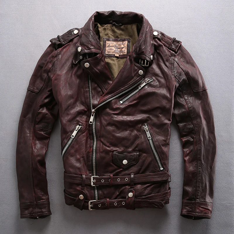 

2021 men's biker with belts Slim Fit Sheepskin Motorcycle Jacket men Genuine leather Coat for male