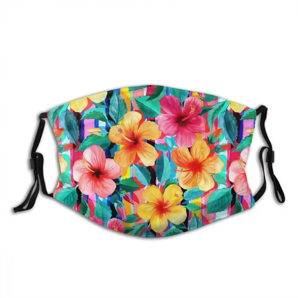 

Гавайская маска для лица с цветочным принтом и полосками, моющаяся маска для рта с фильтрами, ветрозащитная Пылезащитная маска