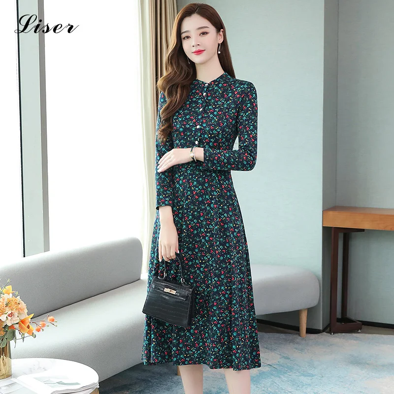 2019 платье с цветочным рисунком женское Плиссированное винтажное длинным рукавом
