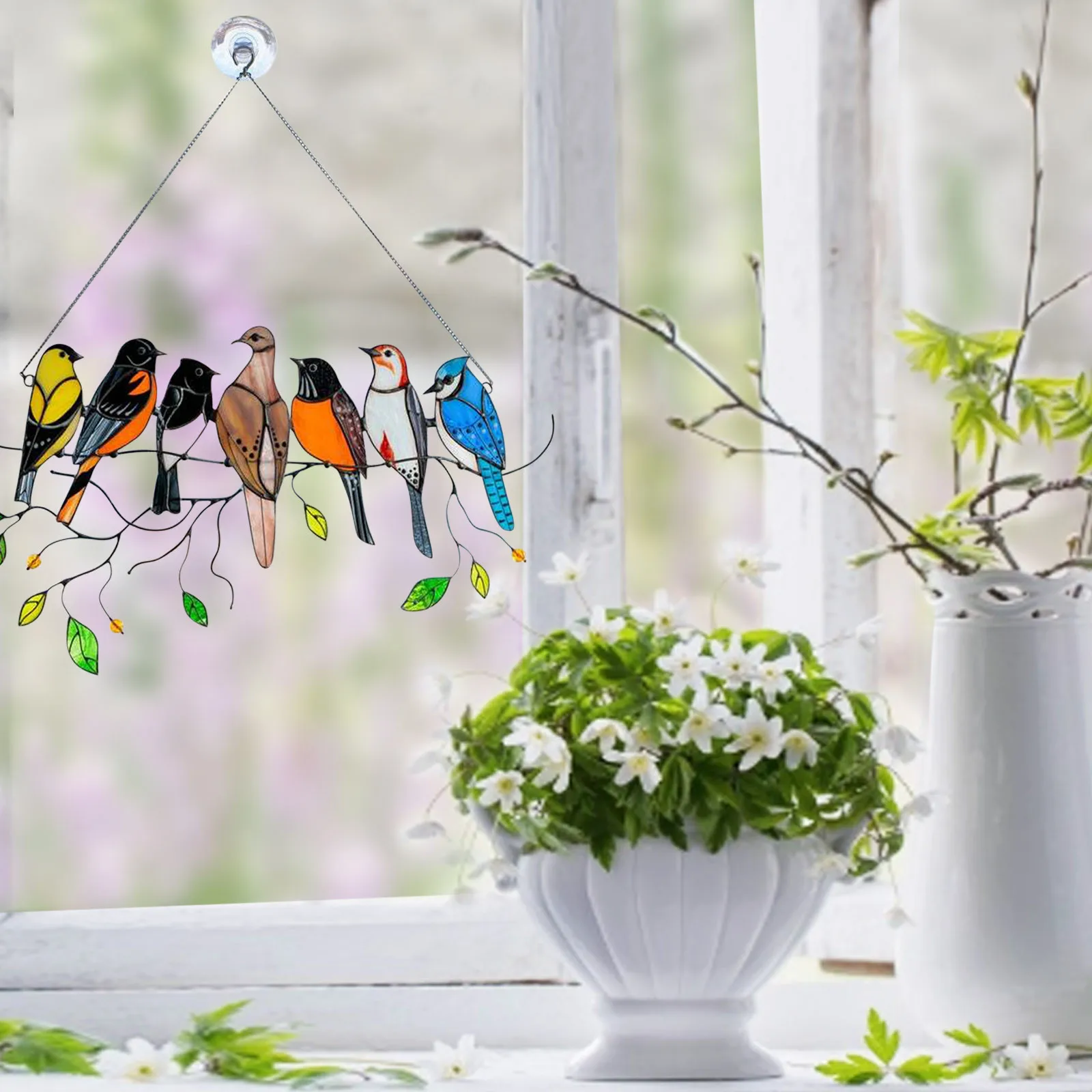 

Creative Window Panel Stained Glass Birds-on-a-wire Window Panel Hanging Catcher Home Decoration Accessories Room Decoration