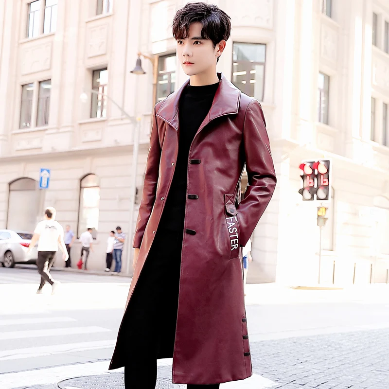 Мужской шерстяной тренчкот черный длинный из искусственной кожи с отложным