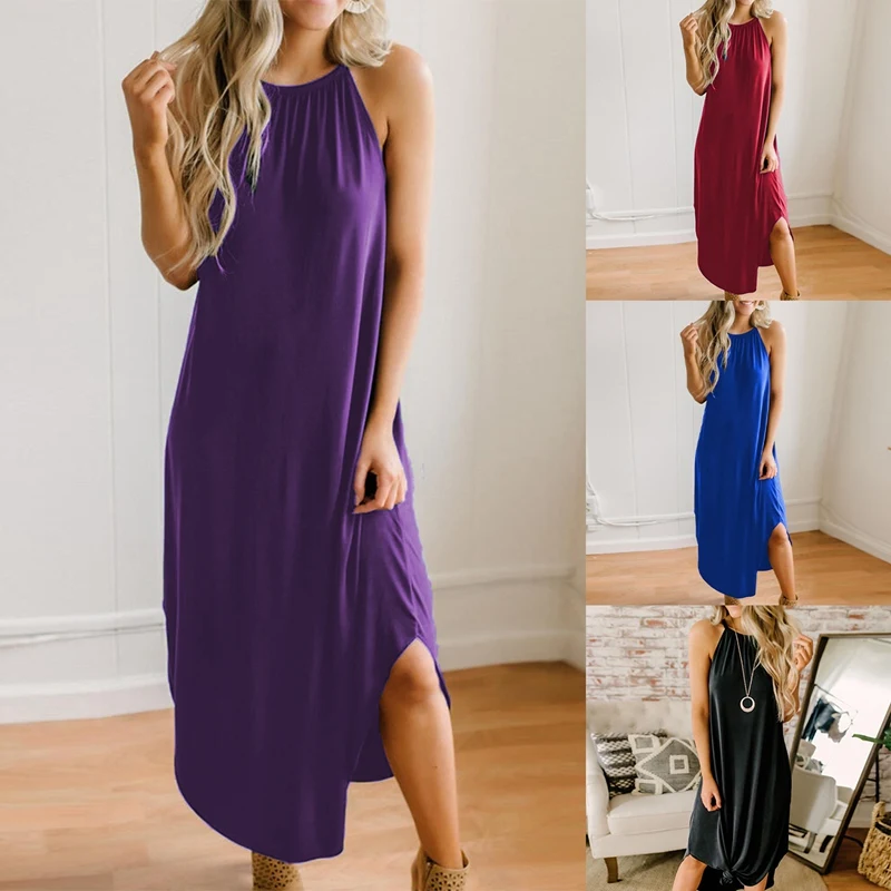 

Women'S Fashion Sexy Solid Color Round Neck Sling Split Long Dress