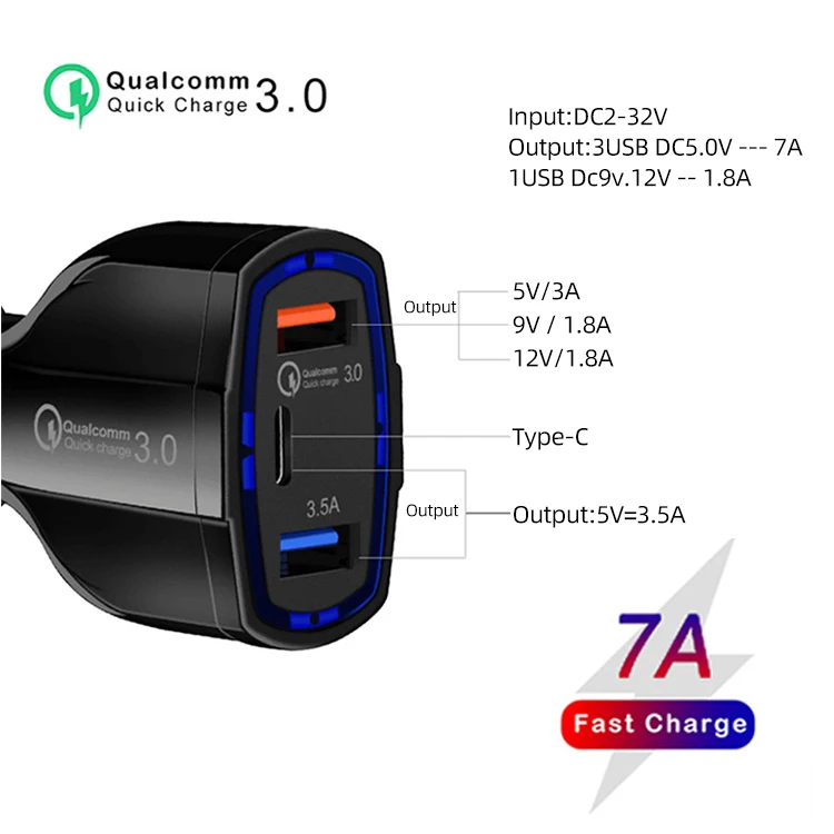 Автомобильное зарядное устройство FONKEN USB C 3 в 1 быстрая зарядка QC3.0 - купить по