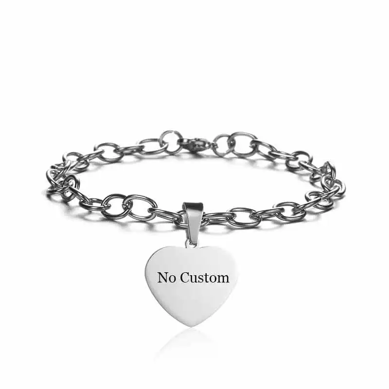 Heart Silver Браслет на заказ с выгравированным именем и датой Pulseira, нержавеющая сталь, персонализированная табличка, фото, браслет для женщин, ID, лучший друг, подарок - Окраска металла: Heart Silver