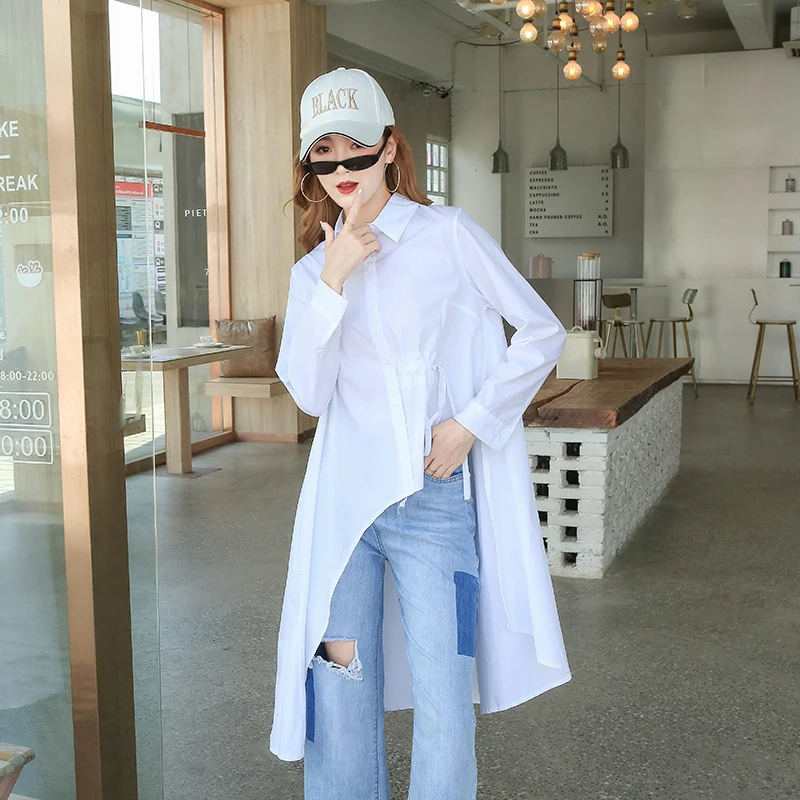 Europe Autumn New Irregular Women Blouses and Tops Fashion Cotton Casual Wild Long Sleeve Solid Color Women Shirt