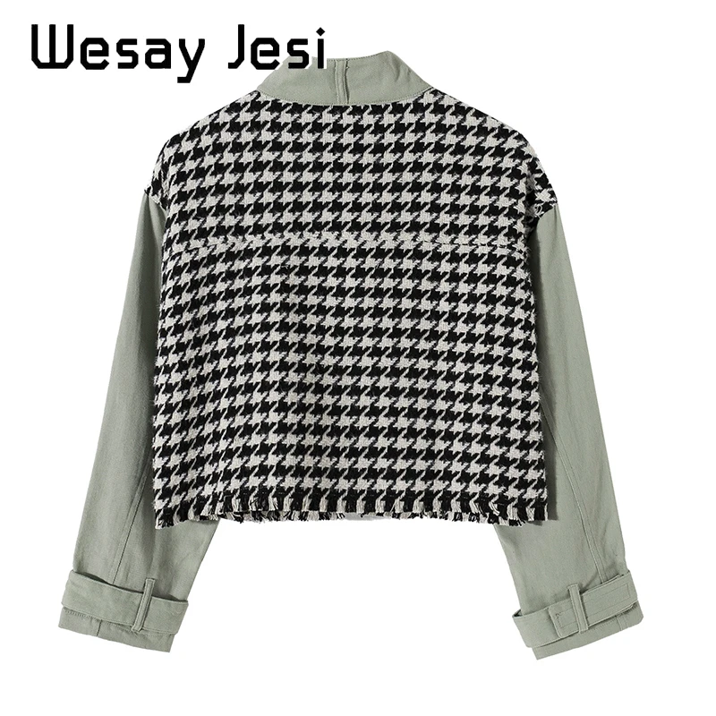 Женская твидовая куртка с большими карманами свободная высоким воротником в