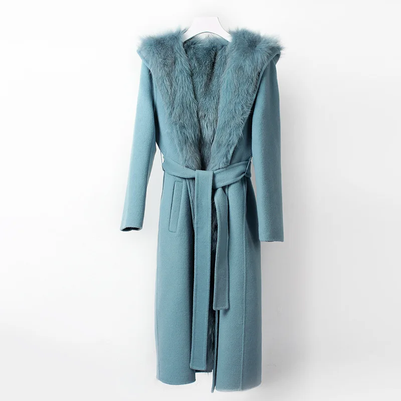 blue OFTBUY натуральный Лисий Мех Пальто Капюшон зимняя куртка Женское шерстяное пальто Длинная Верхняя одежда с поясом парка Уличная Повседневная съемная - Цвет: blue