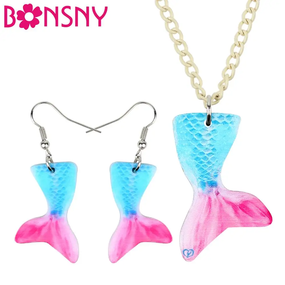 Bonsny акриловые аниме Фея Русалка рыбий хвост ожерелье серьги Ювелирные наборы