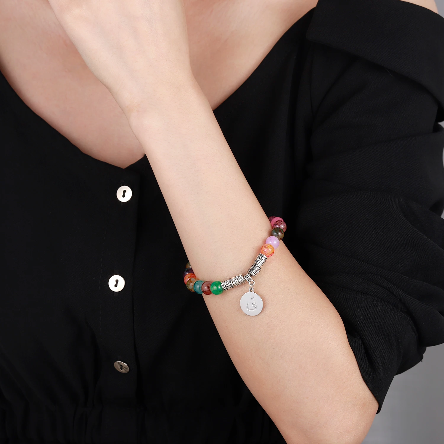

Personalized Initial Arabic Bracelet With Beaded Arabic Letter Bracelet Stainless Steel Pendant Natural Gemstone Women Jewelry