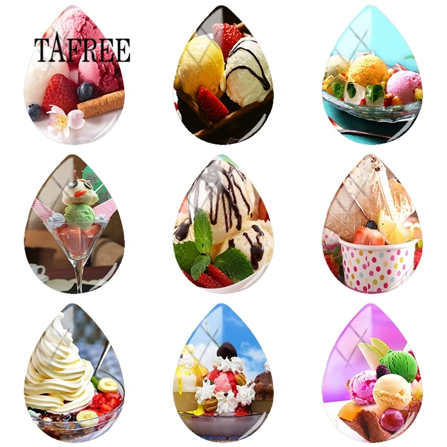 

TAFREE Ice Cream Jewelry Dessert Paintings Glass Cabochon Handmade Tear Drop Cabochons For Women s/lot