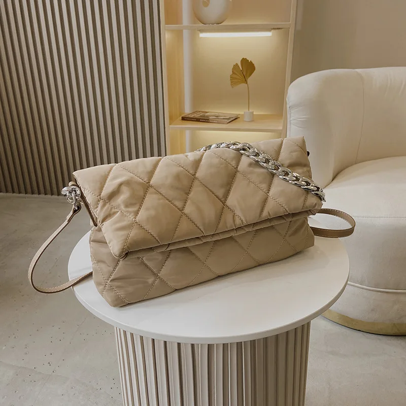 2021 ladies shoulder bag cotton padded handbag tote bag winter ladies casual diamond chain nylon crossbody bag quilted