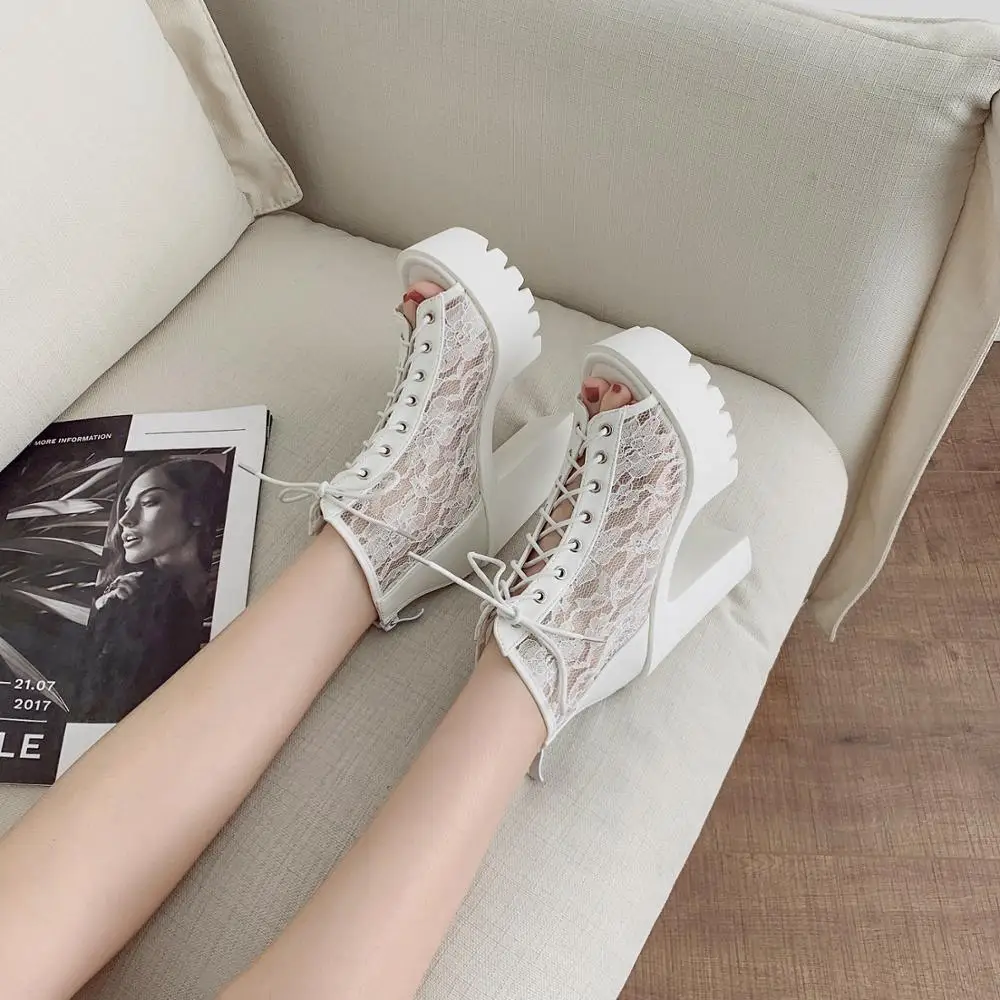 

2020 new women's high-heeled short boots sexy fish mouth waterproof Taiwan net yarn breathable zipper thick heel nightclub