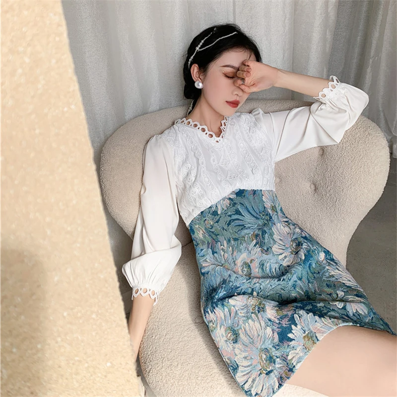 

New Spring Autumn Fashion Casual Women Dress Lace V-Neck Patchwork Printing Long Sleeve Ladies Slim Above Knee Dress Female Y36