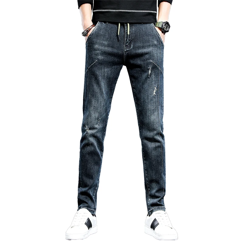 

Stretch Ripped Men Blue Jeans 2021 Fashion Drawstring Slim Fit Pencil Pants