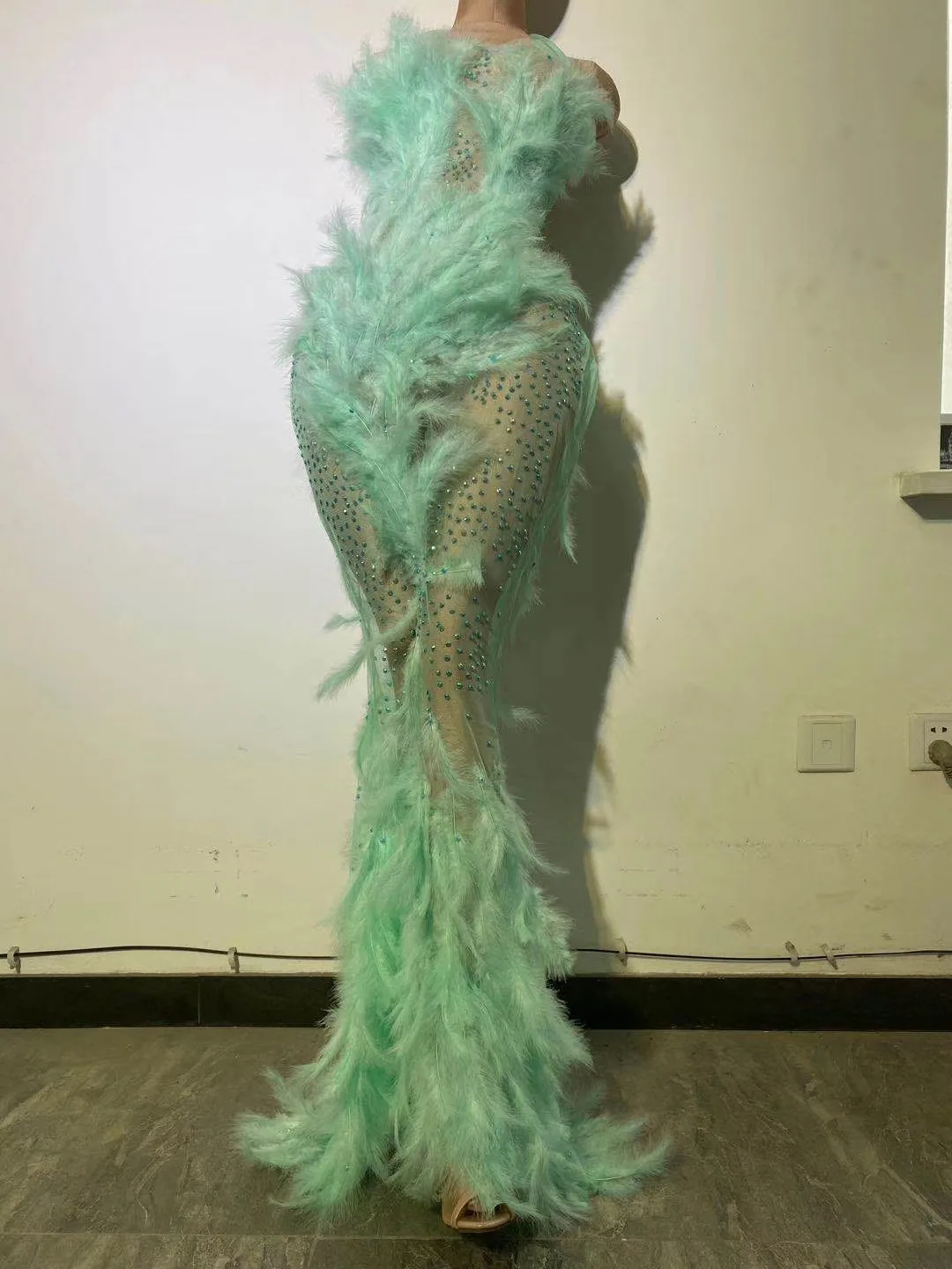 Женское Прозрачное платье с перьями длинное открытой спиной без рукавов одежда
