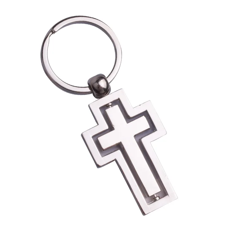 

Bright Metal Cross Keychain Hollowed 360 Degree Rotating Car Key Ring Christian Gift Pendant