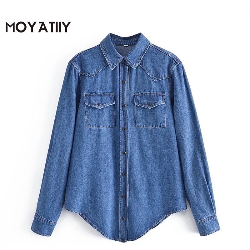 

MOYATIIY 2022 Женская модная синяя джинсовая рубашка Highstreet крутые повседневные рубашки для девочек женские Топы с длинным рукавом