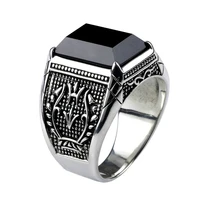 925 sterling silver mens rings with black onyx natural stone rings retro flower engraved punk rock vintage jewelry