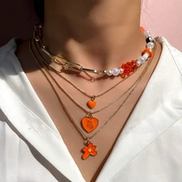 flatfoosie orange gummy bear heart beads pearl necklace for women multi layer flower pendant metal chain necklace trendy jewelry