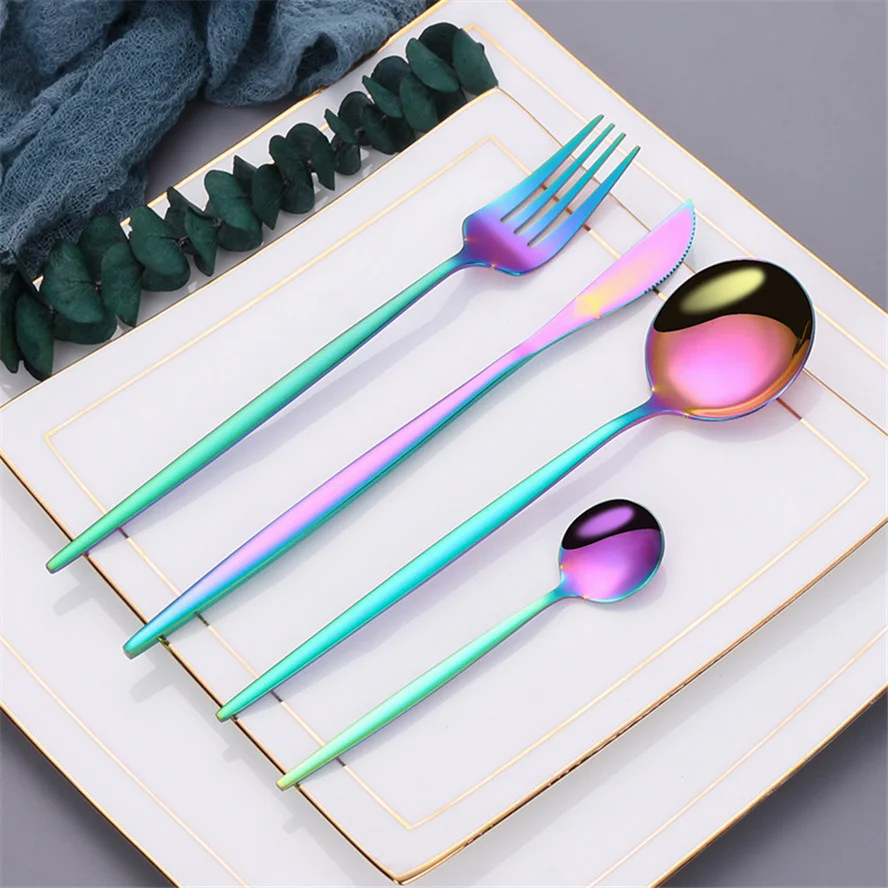 Rainbow Cutlery Set Tableware Forks Knives Spoon Luxury Kitchen Utensils 5Pcs Creative Combination Dinnerware Flatware | Дом и сад