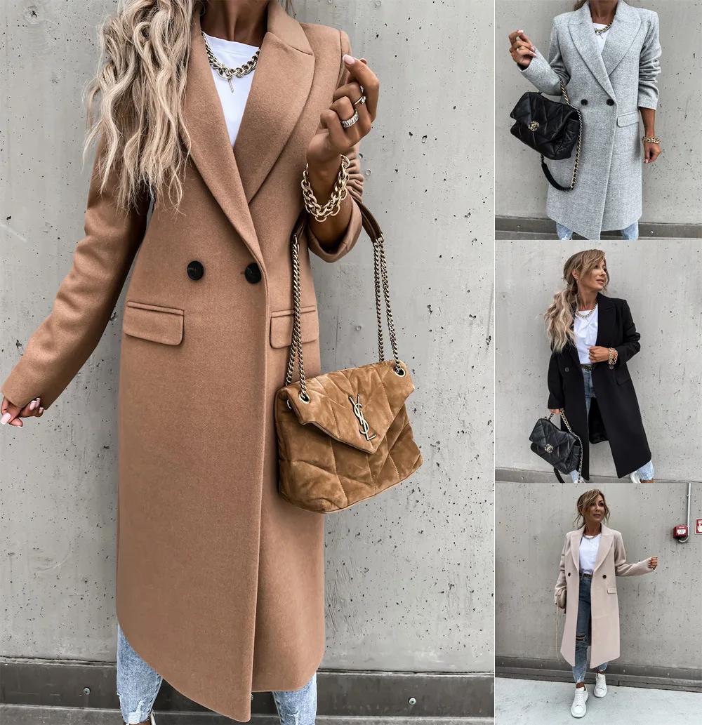 

Donsignet Autumn Winter New Woolen Coats Women Turndown Collar Long Sleeve Solid Women Coats and Jackets