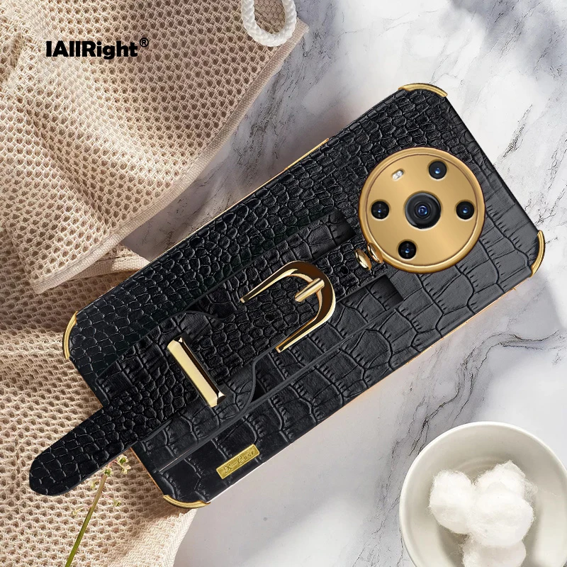 

Luxury Crocodile Pattern Leather Case For Honor Magic3 Pro+ Magic 3 Pro Cover Plating Shockproof Stand With Strap Funda Capa