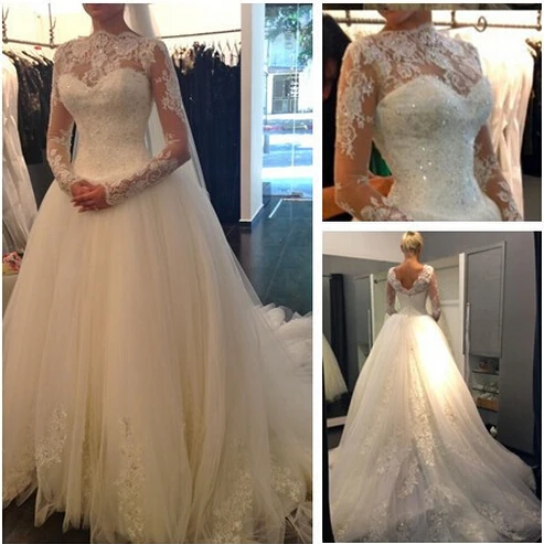

Hot Sale High Neck Long Sleeve Wedding Dresses Lace Wedding Dresses Beautiful Princess Zip Back Bridal Gowns