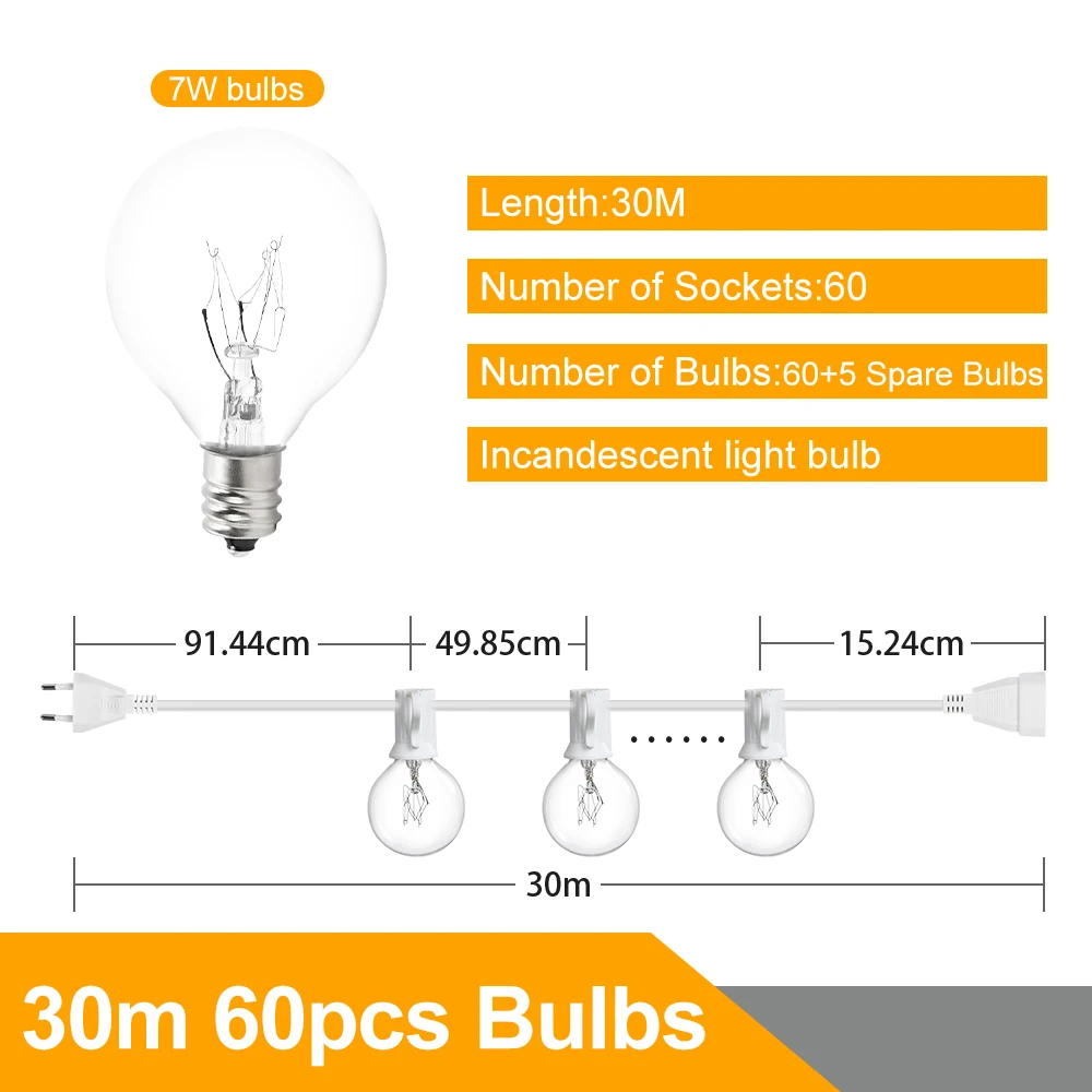 

Наружная лампа-гирлянда, водонепроницаемая, с белым кабелем, 30 м, 15 м