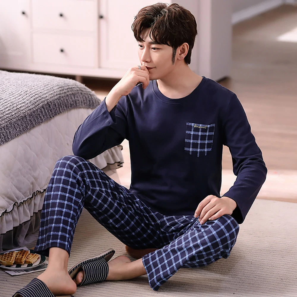 Cotton Men's Thin Pajama Fashion Plaid Pijama Sets Spring Autumn Casual Long Sleeve Sleepwear Soft Comfortable Pajamas for Men