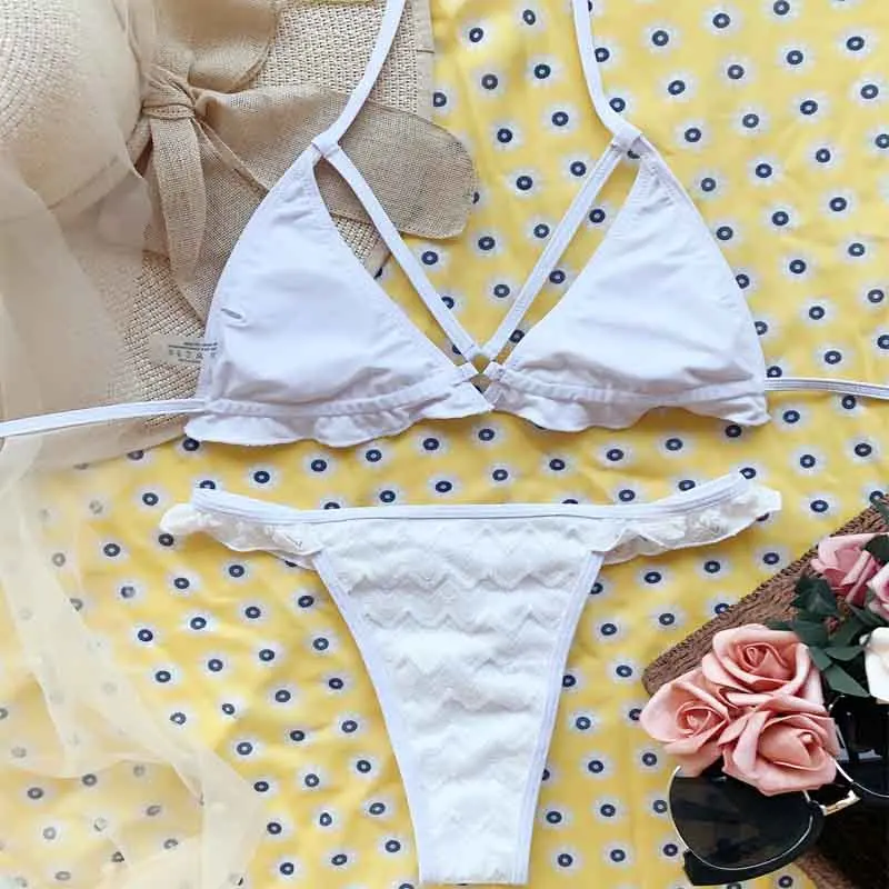 

Pocket Girl 2020 Ruffled Swimsuit Halter Biquini Swimwear Female Low Wasit Bathing Suit Sexy Swim Suit Solid Bathing Suit Women
