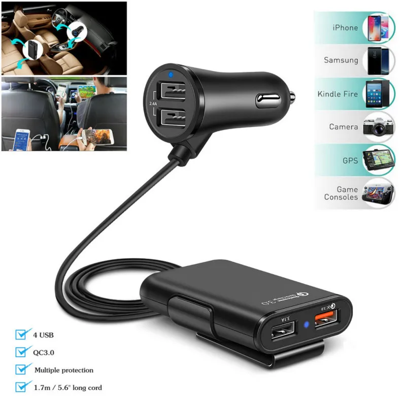 QC 3,0 2.4A 3.1A 4 порта USB Запчасти автомобильное зарядное устройство с 5.6ft удлинитель кабель Автомобильное Usb зарядное устройство Зарядка в автомобиле для huawei samsung