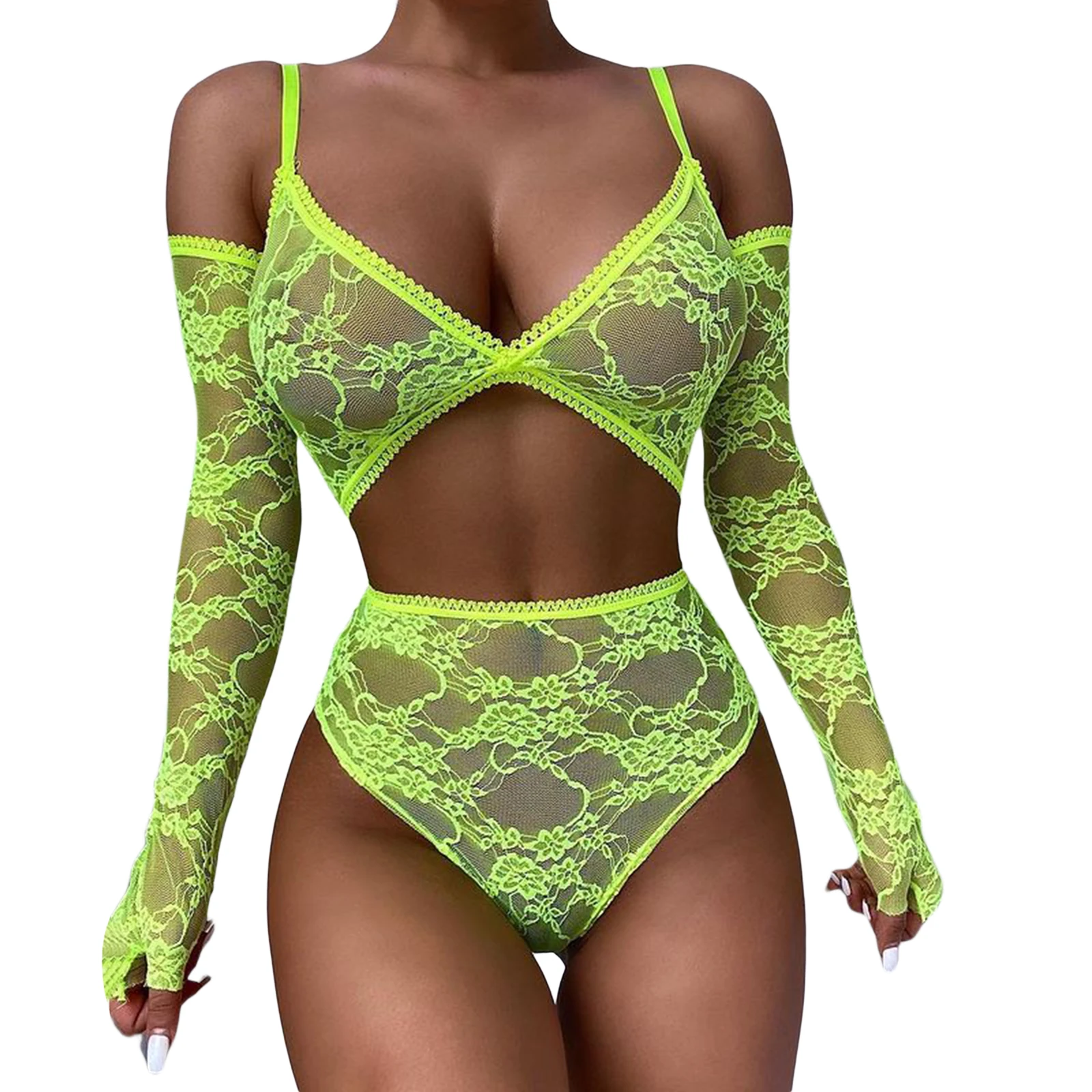 

Соблазнительный Женский комплект нижнего белья с рукавами для рук, однотонный прозрачный кружевной комплект из бюстгальтера и трусиков, Же...